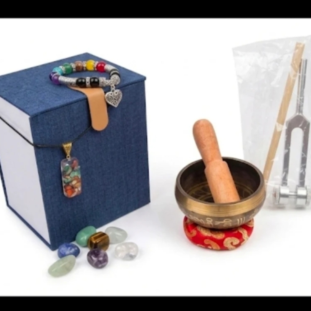 Handmade Nepal Brass 3.5" Singing Bowl Set, Crystals & Tuning Fork